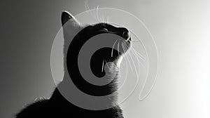 AI-generated illustration of a black cat looking up, black and white