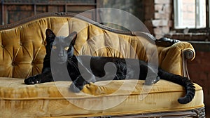 AI-generated illustration of A black cat lounging on a sofa by a window