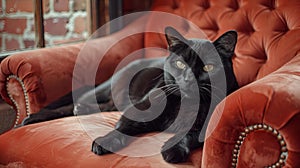 AI-generated illustration of A black cat lounging on a sofa by a window