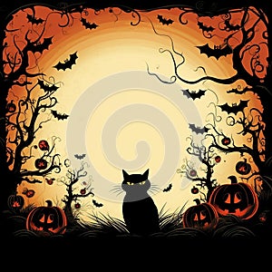 AI generated illustration of a black cat perched atop a pile of pumpkins in a night-time setting