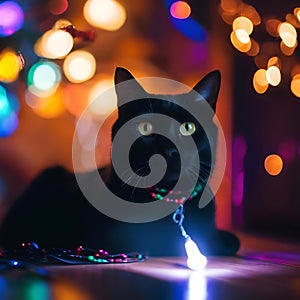 AI generated illustration of a black cat rests beside festive Christmas lights