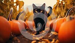 AI generated illustration of a black cat in a stack of orange pumpkins for Halloween