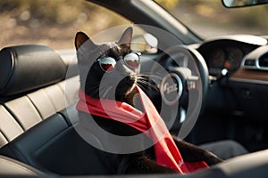 AI generated illustration of a black cat wearing large sunglasses sits in the driver's seat of a car