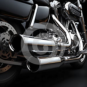 AI-generated illustration of A black and chrome motorcycle parked in front of a solid black wall