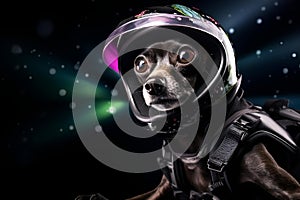 AI generated illustration of a black dog wearing a silver astronaut helmet