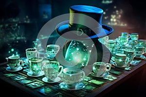 AI generated illustration of a black hat atop a table with illumined cups and saucers illumined
