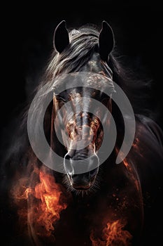 AI generated illustration of a black horse with flames emitting from its nostrils