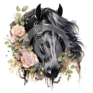 AI generated illustration of a black horse on a white background in watercolor