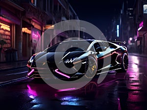 AI generated illustration of a black Lamborghini parked on a street in an urban setting at night