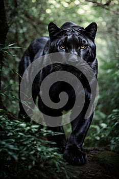 AI generated illustration of a black leopard in a lush green jungle