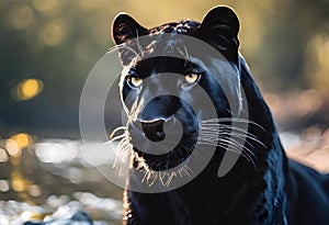 AI-generated illustration of a black panther with golden eyes looking into the distance