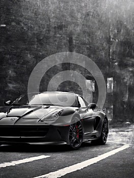 AI generated illustration of a black sports car parked on a city street in grayscale