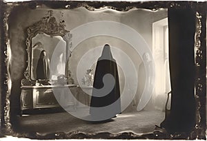 black and white photo of a woman wearing a nun's robes photo