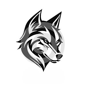AI generated illustration of a black and white portrait of a wolf head against a white background