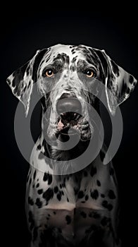 AI generated illustration of a black and white spotted Dalmatian dog against a black background