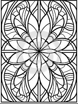 AI generated illustration of black and white stained glass pattern featuring swirling leaf designs