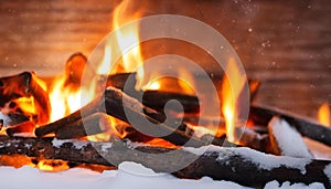 AI generated illustration of A blazing fire ignited amidst snowy terrain adjacent to a stack of logs