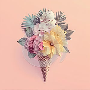 AI generated illustration of a blooming ice cream cone adorned with beautiful flowers