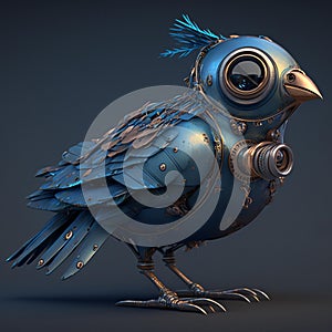 AI generated illustration of a blue bird with a steampunk headpiece and a metallic bodysuit