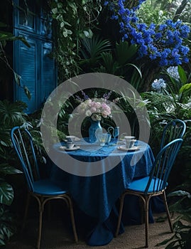 AI generated illustration of a blue dining table with accompanying chairs in a lush jungle