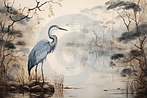 AI generated illustration of a blue heron perched near a shallow pond