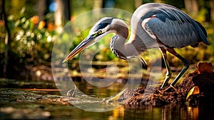 AI generated illustration of a blue heron standing on the shore of a body of water