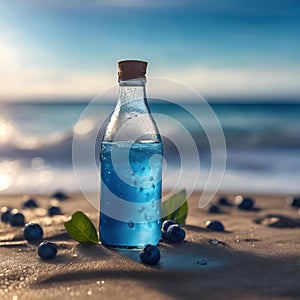 AI generated illustration of a blue liquid bottle and with blueberries on ground