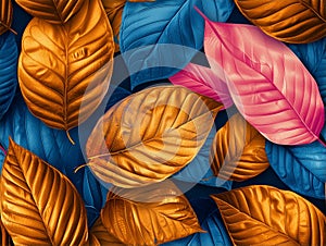 AI generated illustration of blue, pink, and gold leaves sewn into a vibrant background for tiling