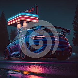 AI generated illustration of a blue sports car with red lights parked at a gas station at night