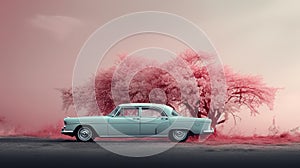 AI generated illustration of a blue vintage car parked beside a leafy tree in a vast green meadow