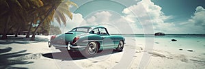 AI generated illustration of a blue vintage car parked on a sandy beach