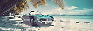 AI generated illustration of a blue vintage car parked on a sandy beach