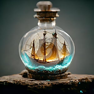 AI generated illustration of a boat in a bottle illuminated by blue and gold light with water inside