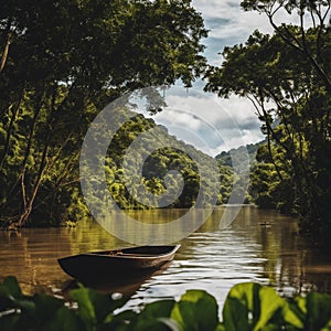 AI generated illustration of A boat moored in a tranquil river, surrounded by lush greenery