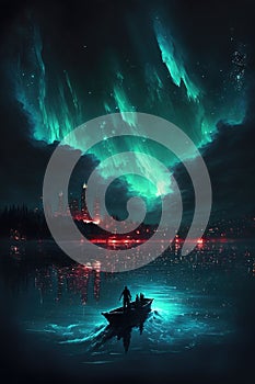 AI-generated illustration of a boat swimming in a lake at night, miky, northern lights on the sky