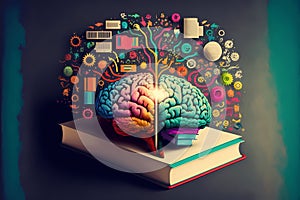 AI generated illustration of a book with a colorful brain above it - concept of creativity