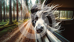 AI generated illustration of a border collie enjoying a car ride with its head out the window