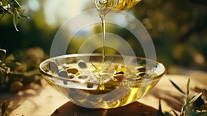 AI generated illustration of a bottle of olive oil being poured over a bowl of freshly-picked olives