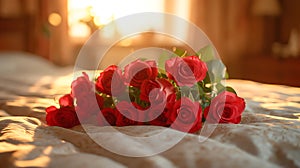 AI-generated illustration of a bouquet of red roses on a bed illuminated by morning light