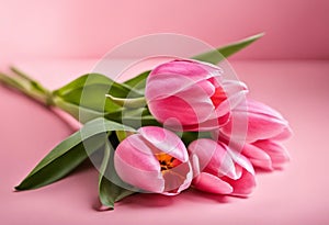 AI generated illustration of a bouquet of vibrant pink tulips arranged on a pastel pink background