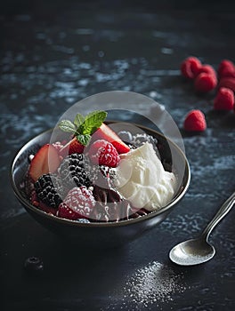 AI-generated illustration of a bowl of berries and ice cream on a dark surface