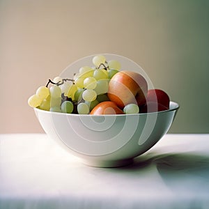 AI generated illustration of a bowl filled with a variety of fresh fruits on a wooden table