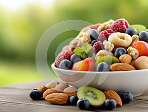 Bowl of fresh mixed berries nuts arranged on wooden surface showcasing healthy natural superfoods packed vitamins minerals photo