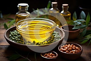 AI generated illustration of a bowl of olive oil on a wooden surface surrounded by bottles and beans