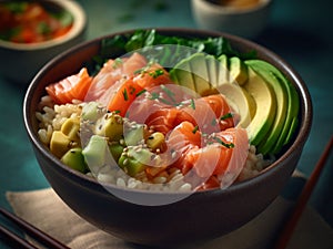 AI generated illustration of a bowl of white rice topped with fresh salmon