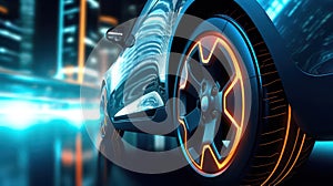 AI generated illustration of a brand-less electric car wheel with a neon light blurred background.