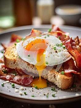 AI generated illustration of a breakfast plate with a fried egg and bacon strips