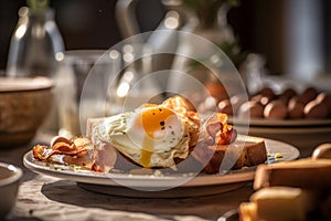 AI generated illustration of a breakfast plate with a fried egg and bacon strips