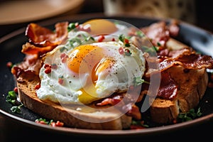 AI generated illustration of a breakfast plate with a fried egg and bacon strips