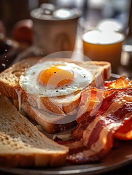 AI generated illustration of a breakfast plate with a fried egg and bacon strips